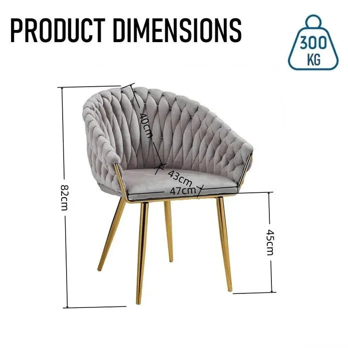 SERENITà Grey Modern Velvet Dining Chairs, Upholstered Living Room Chair with Woven Back and Golden Metal Legs, Mid-Century Accent Set of 2(Grey) - Image 8