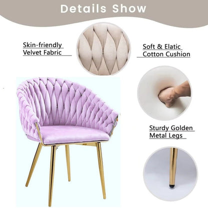 SERENITà Pink Modern Velvet Dining Chairs, Upholstered Living Room Chair with Woven Back and Golden Metal Legs, Mid-Century Accent Set of 2(Pink) - Image 4