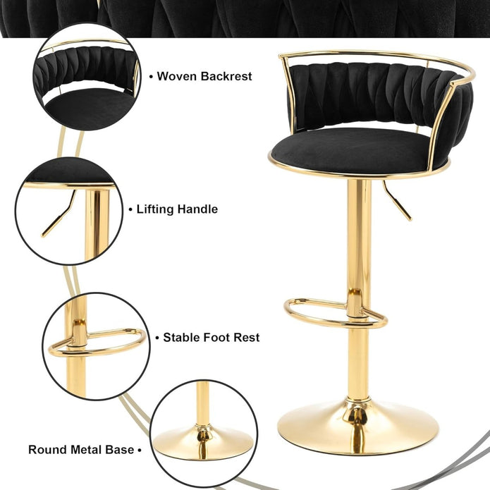 SERENITà Golden Swivel Upholstered Velvet Adjustable Height Counter Stool with Metal Frame Black (Set of 2) - Image 5