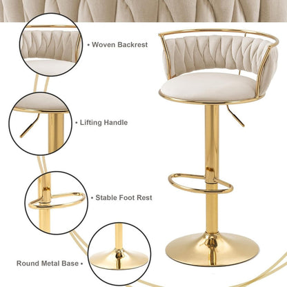 SERENITà Golden Swivel Upholstered Velvet Adjustable Height Counter Stool with Metal Frame Ivory (Set of 2) - Image 6