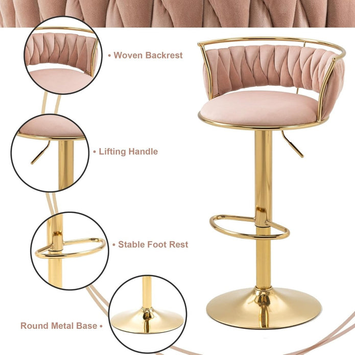 SERENITà Golden Swivel Upholstered Velvet Adjustable Height Counter Stool with Metal Frame Pink (Set of 2) - Image 5