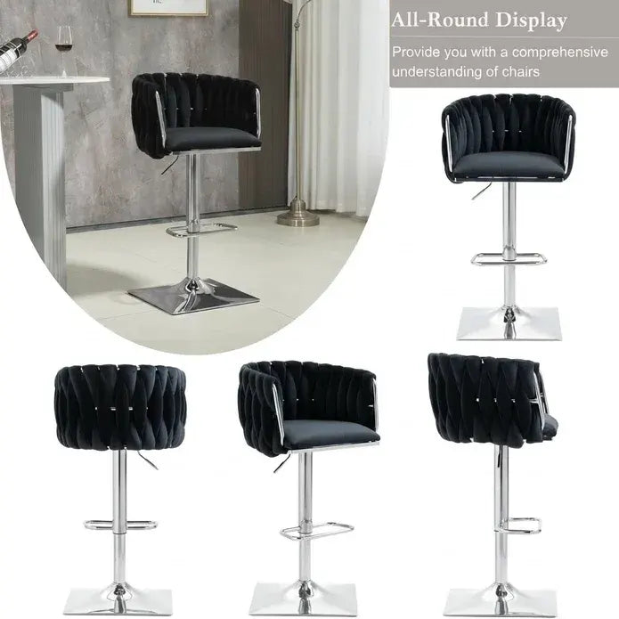 SERENITà Modern Velvet Breakfast Bar Stools Swivel Barstools Adjustable Counter Stools with Backrest (Silver-Black) - Image 2