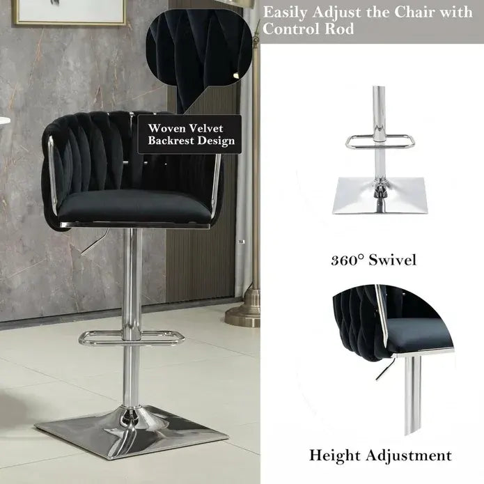 SERENITà Modern Velvet Breakfast Bar Stools Swivel Barstools Adjustable Counter Stools with Backrest (Silver-Black) - Image 3