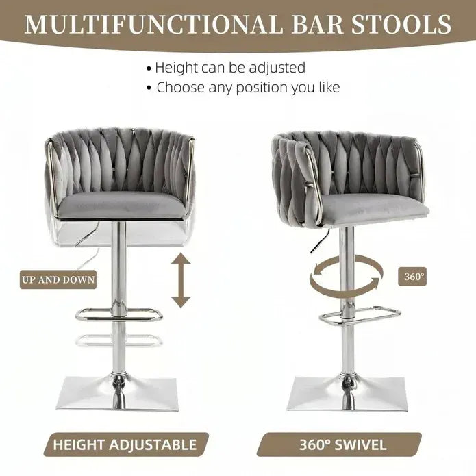 SERENITà Modern Velvet Breakfast Bar Stools Swivel Barstools Adjustable Counter Stools with Backrest (Silver-Grey) - Image 2