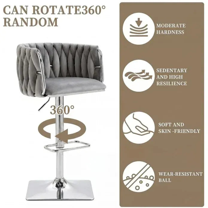 SERENITà Modern Velvet Breakfast Bar Stools Swivel Barstools Adjustable Counter Stools with Backrest (Silver-Grey) - Image 3