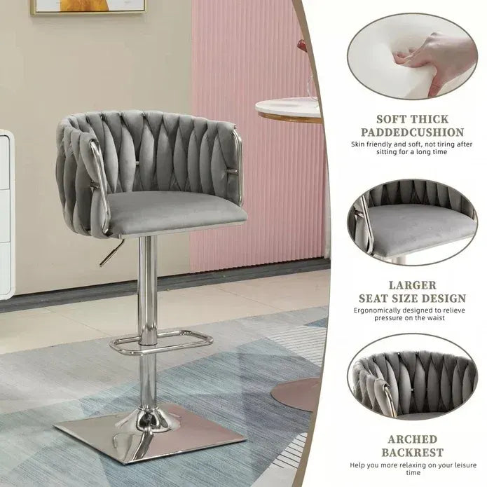 SERENITà Modern Velvet Breakfast Bar Stools Swivel Barstools Adjustable Counter Stools with Backrest (Silver-Grey) - Image 4