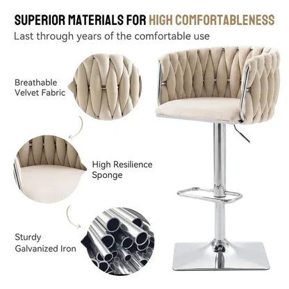 SERENITà Modern Velvet Breakfast Bar Stools Swivel Barstools Adjustable Counter Stools with Backrest (Silver-Ivory) - Image 4