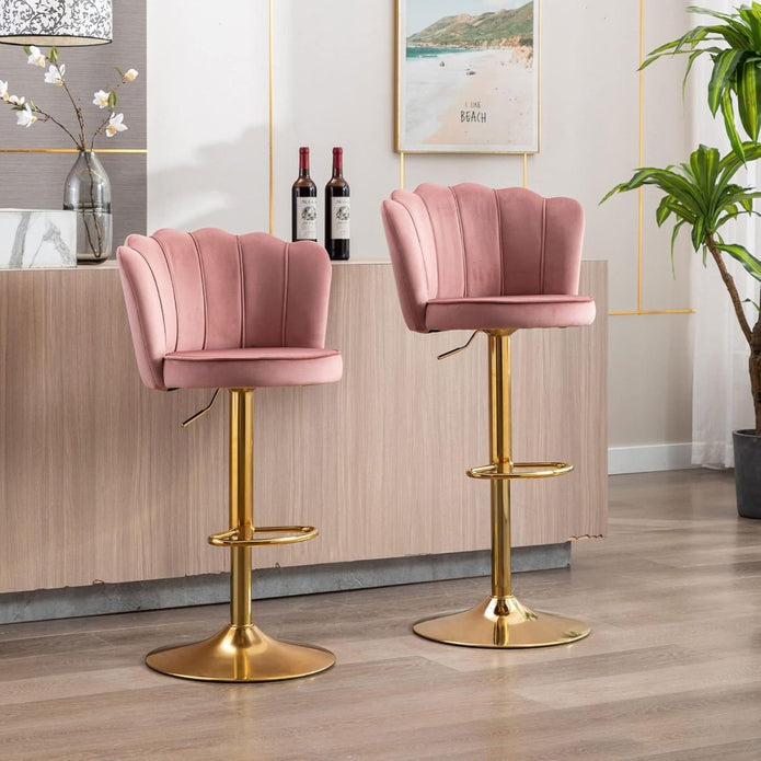SERENITà Swivel Bar Stools Bar Height Set of 2 Adjustable Upholstered Counter Barstool Velvet Bar Chairs with Back/Gold Base for Kitchen Island/Bar/Cafe-Pink - Image 2
