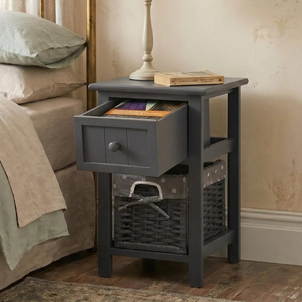 Grey Bedside Table with Wicker Basket - Image 2