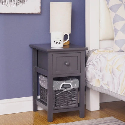 Grey Bedside Table with Wicker Basket - Image 4