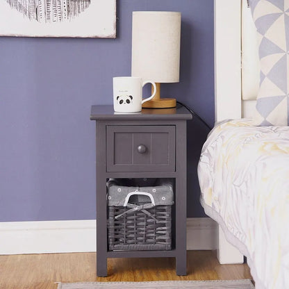 Grey Bedside Table with Wicker Basket - Image 5