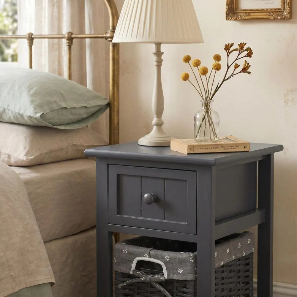 Grey Bedside Table with Wicker Basket - Image 7