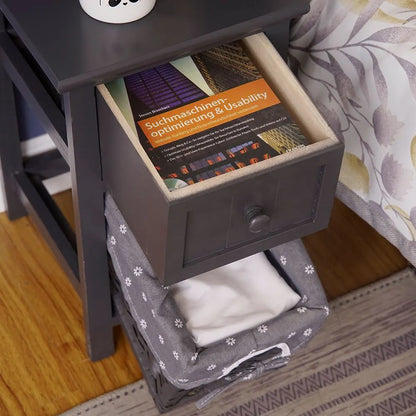 Grey Bedside Table with Wicker Basket - Image 8