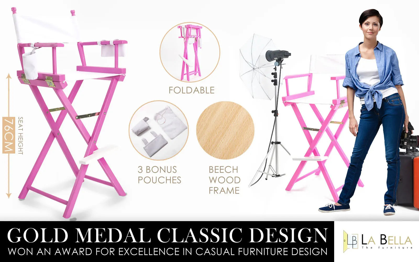 2X Director Movie Folding Tall Chair 76cm PINK HUMOR - Image 2