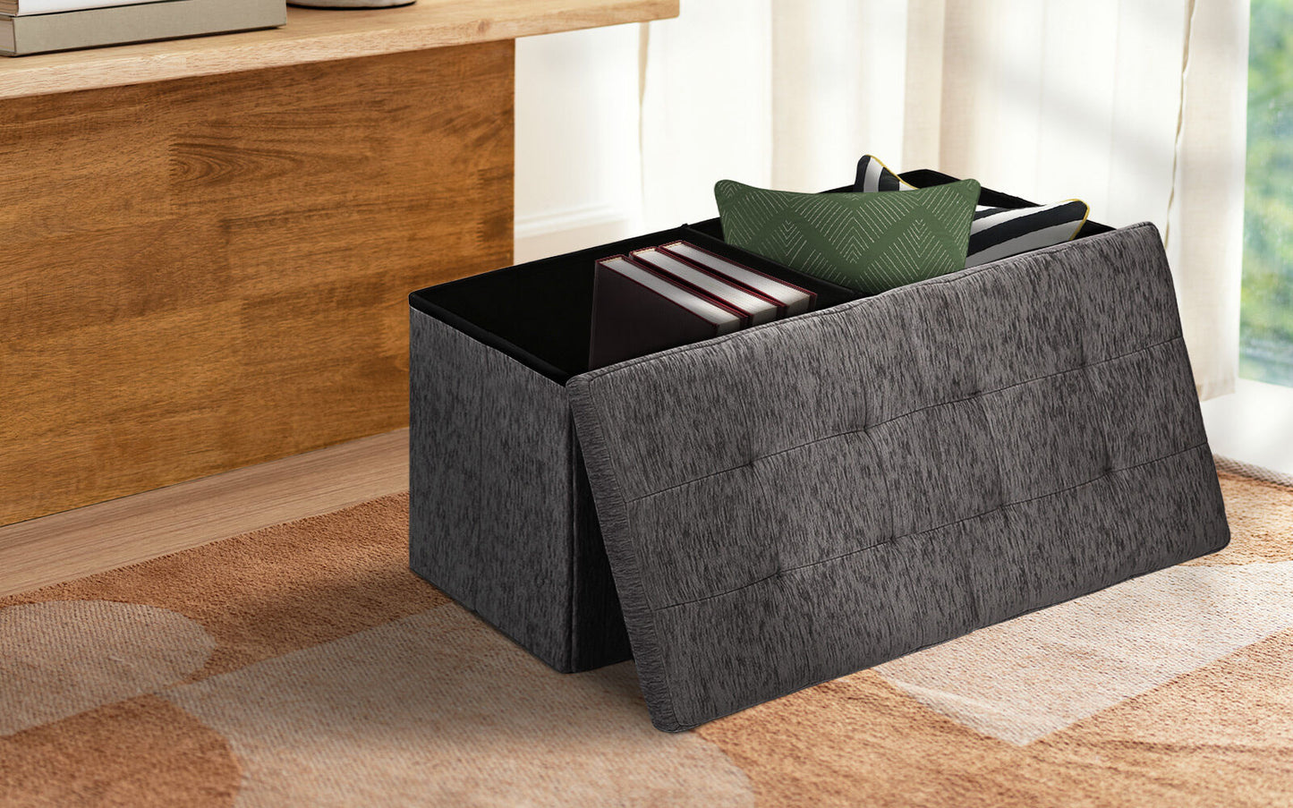 Foldable Storage Ottoman - Flip Lid Side Table Toy Blanket Organiser Seat KIRA BLACK - Image 2