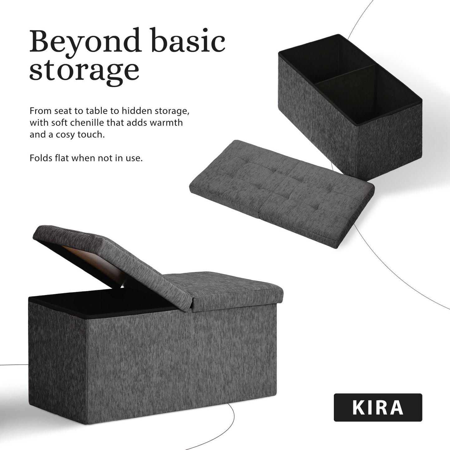 Foldable Storage Ottoman - Flip Lid Side Table Toy Blanket Organiser Seat KIRA BLACK - Image 3