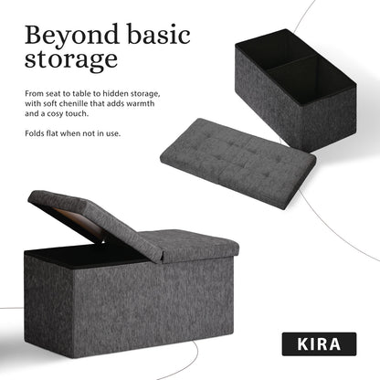 Foldable Storage Ottoman - Flip Lid Side Table Toy Blanket Organiser Seat KIRA BLACK - Image 3