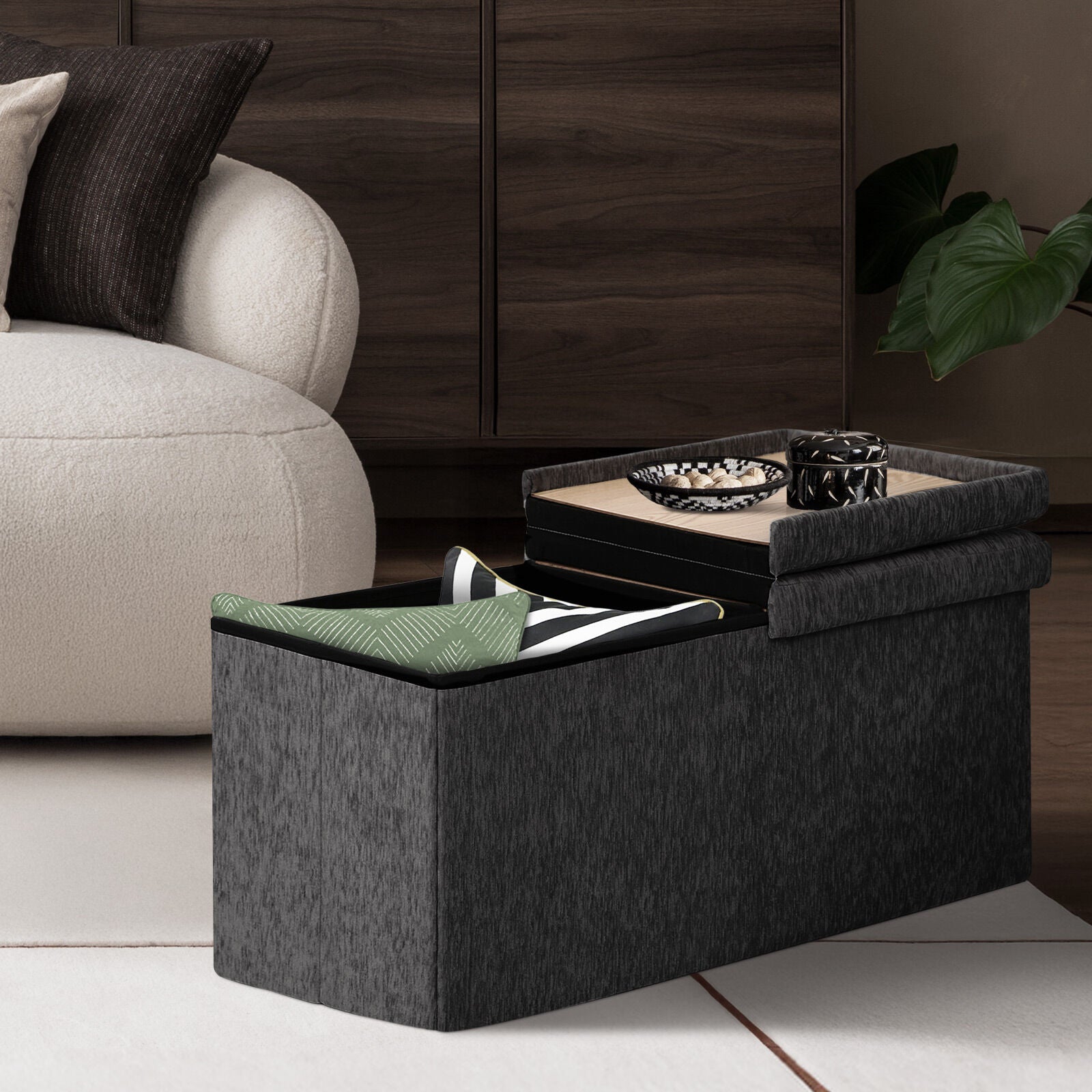 Foldable Storage Ottoman - Flip Lid Side Table Toy Blanket Organiser Seat KIRA BLACK - Image 5