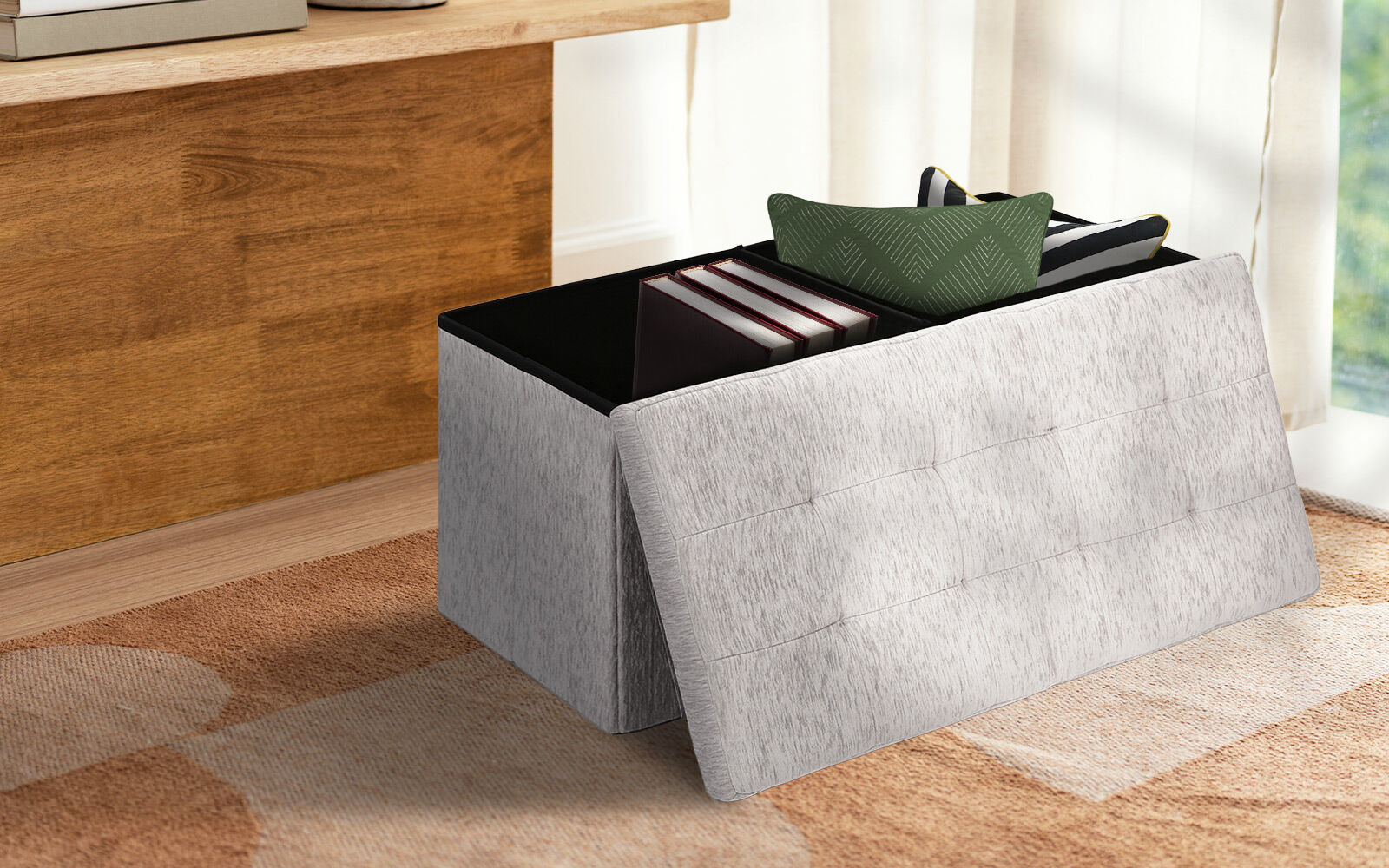 Foldable Storage Ottoman - Flip Lid Side Table Toy Blanket Organiser Seat KIRA GREY - Image 2