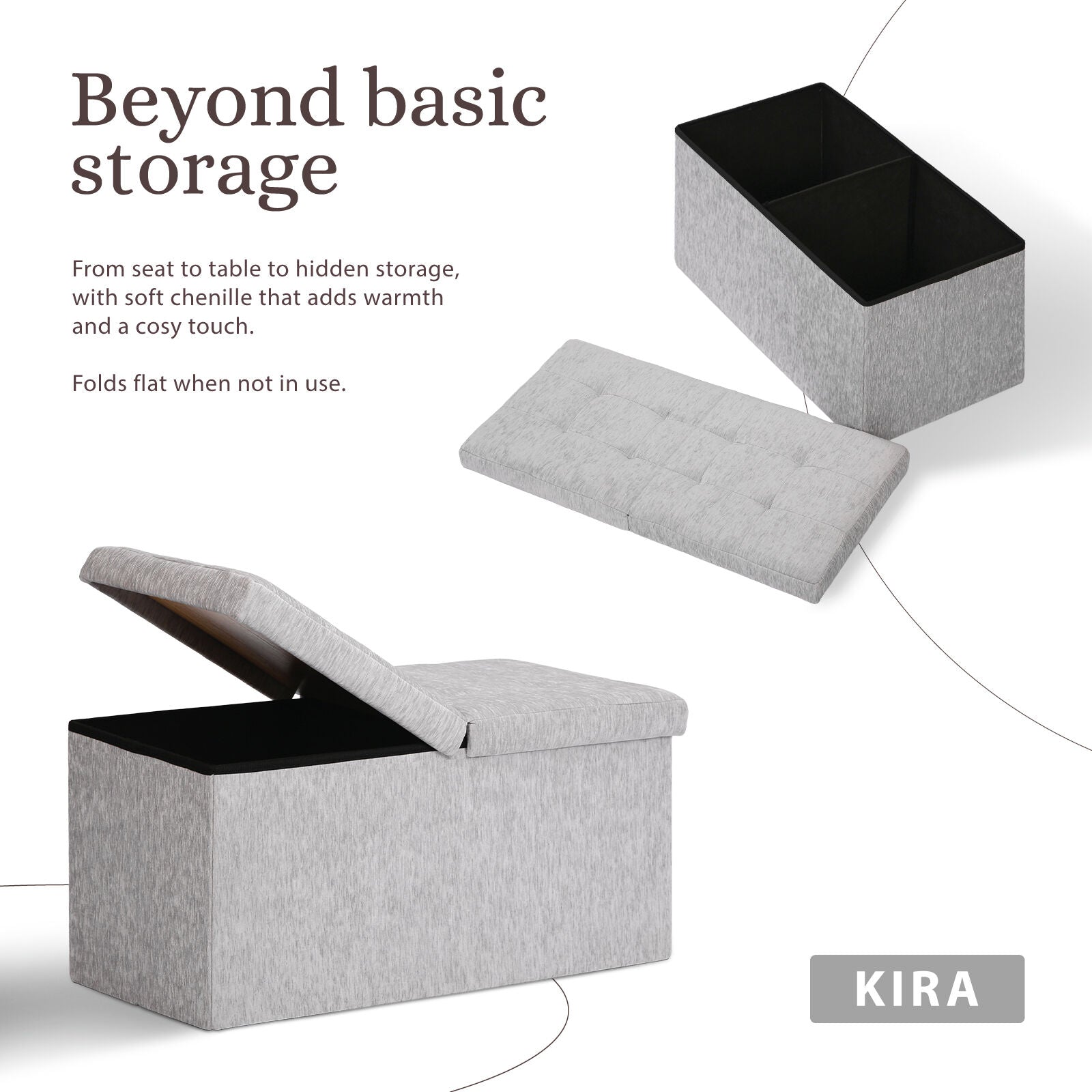 Foldable Storage Ottoman - Flip Lid Side Table Toy Blanket Organiser Seat KIRA GREY - Image 3