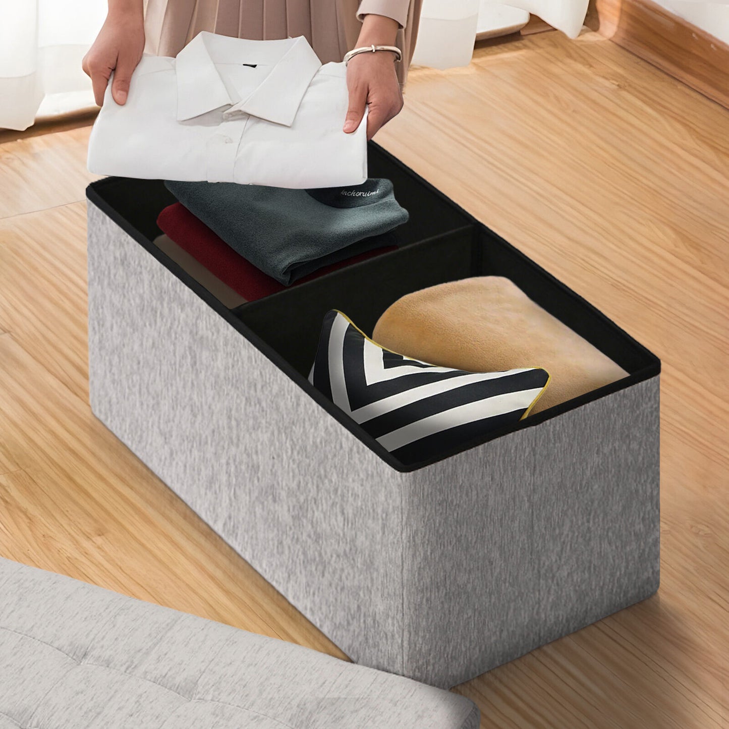 Foldable Storage Ottoman - Flip Lid Side Table Toy Blanket Organiser Seat KIRA GREY - Image 4