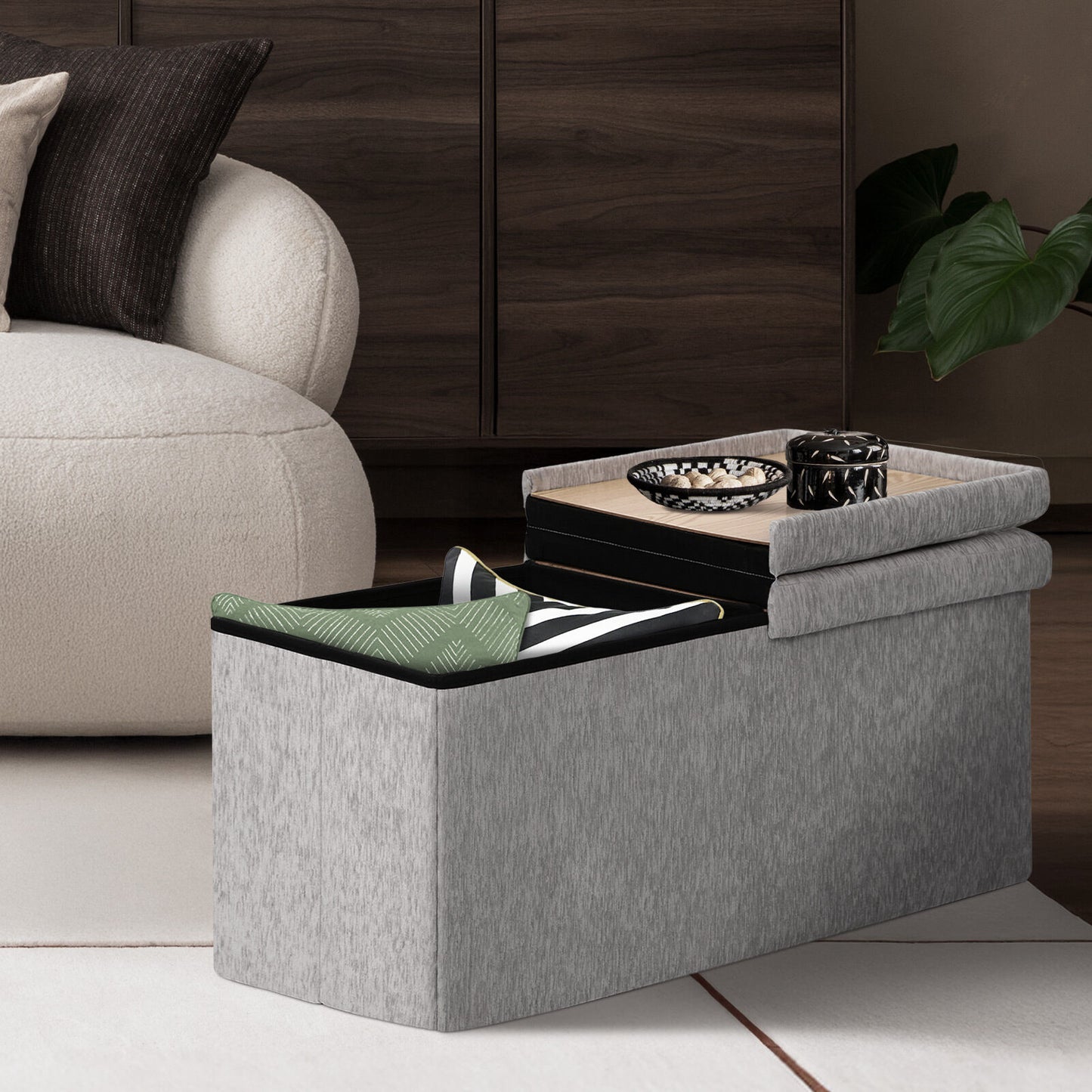 Foldable Storage Ottoman - Flip Lid Side Table Toy Blanket Organiser Seat KIRA GREY - Image 5