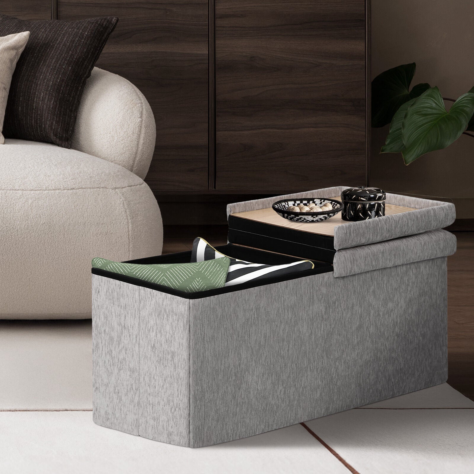 Foldable Storage Ottoman - Flip Lid Side Table Toy Blanket Organiser Seat KIRA GREY - Image 5