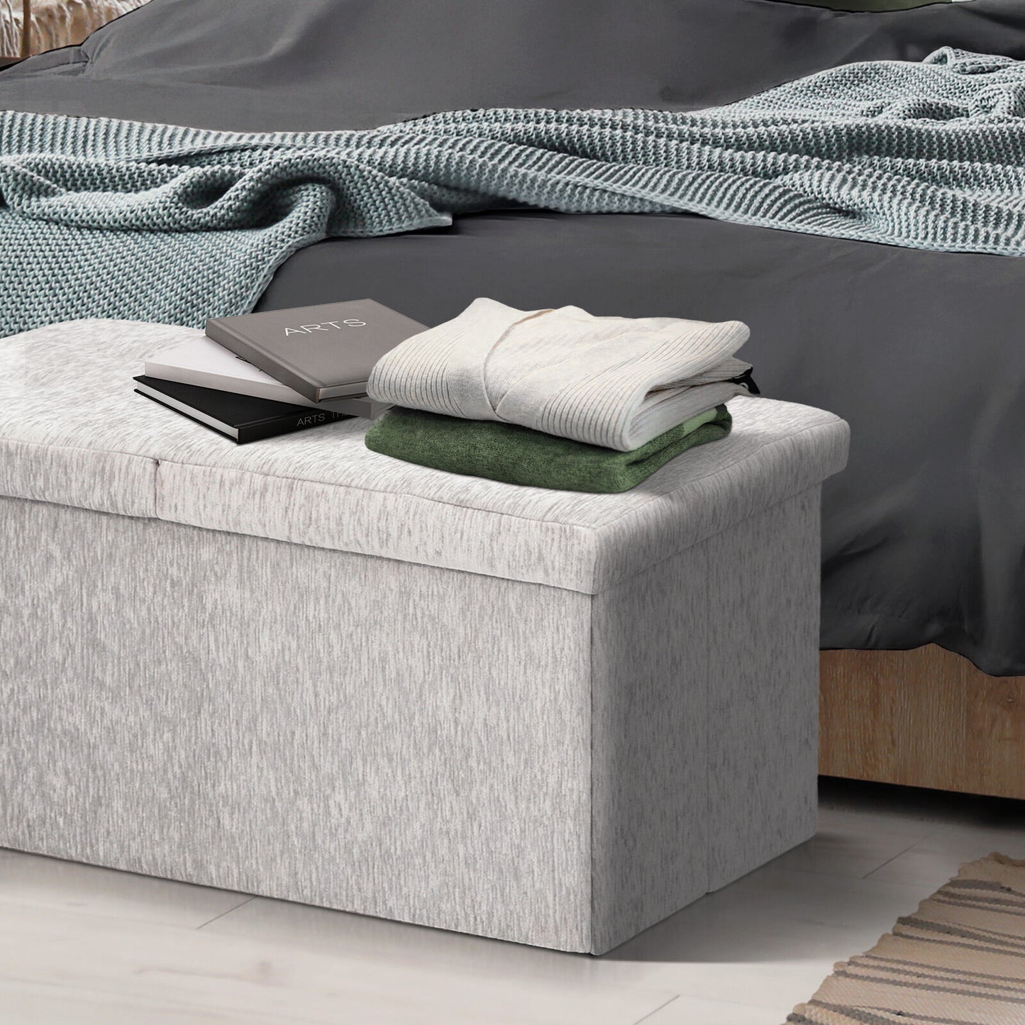 Foldable Storage Ottoman - Flip Lid Side Table Toy Blanket Organiser Seat KIRA GREY - Image 6