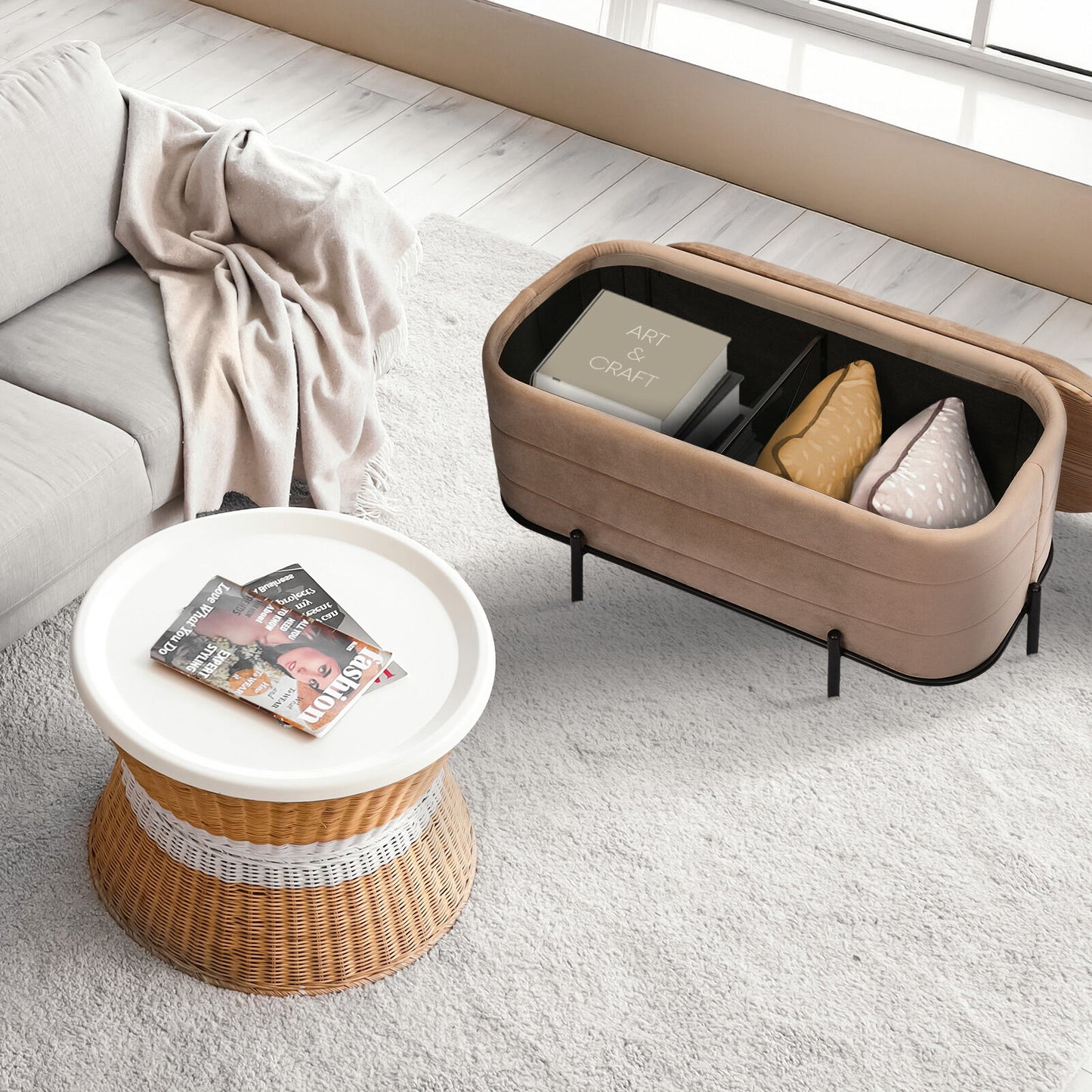 La Bella Coffee Table Storage Ottoman - Velvet Blanket Box Bench DEMI - CAMEL BEIGE - Image 4
