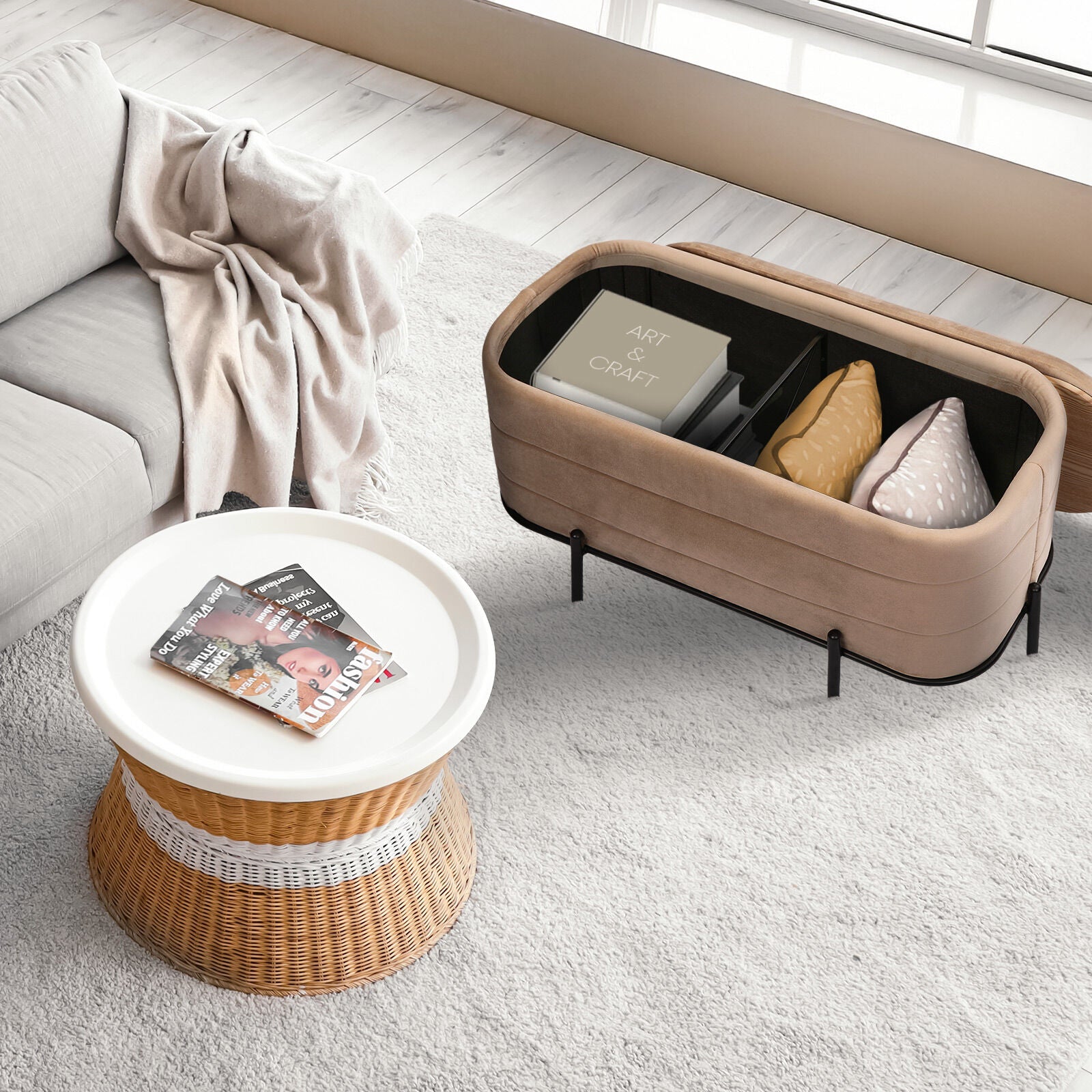 La Bella Coffee Table Storage Ottoman - Velvet Blanket Box Bench DEMI - CAMEL BEIGE - Image 4