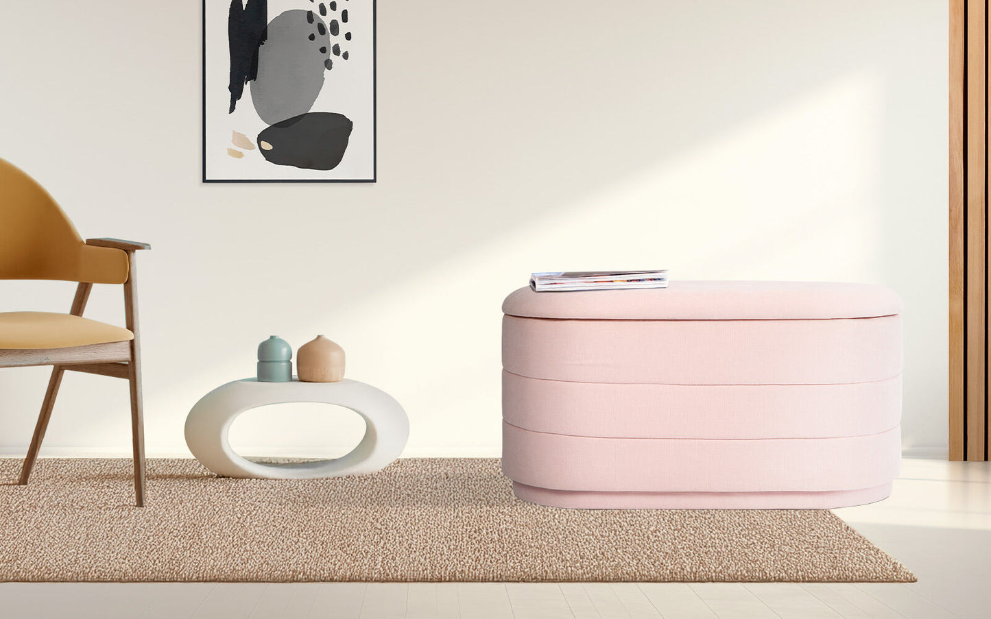 Coffee Table Storage Ottoman - Chenille Fabic Padded Blanket Box Bench CELIA - PINK - Image 2