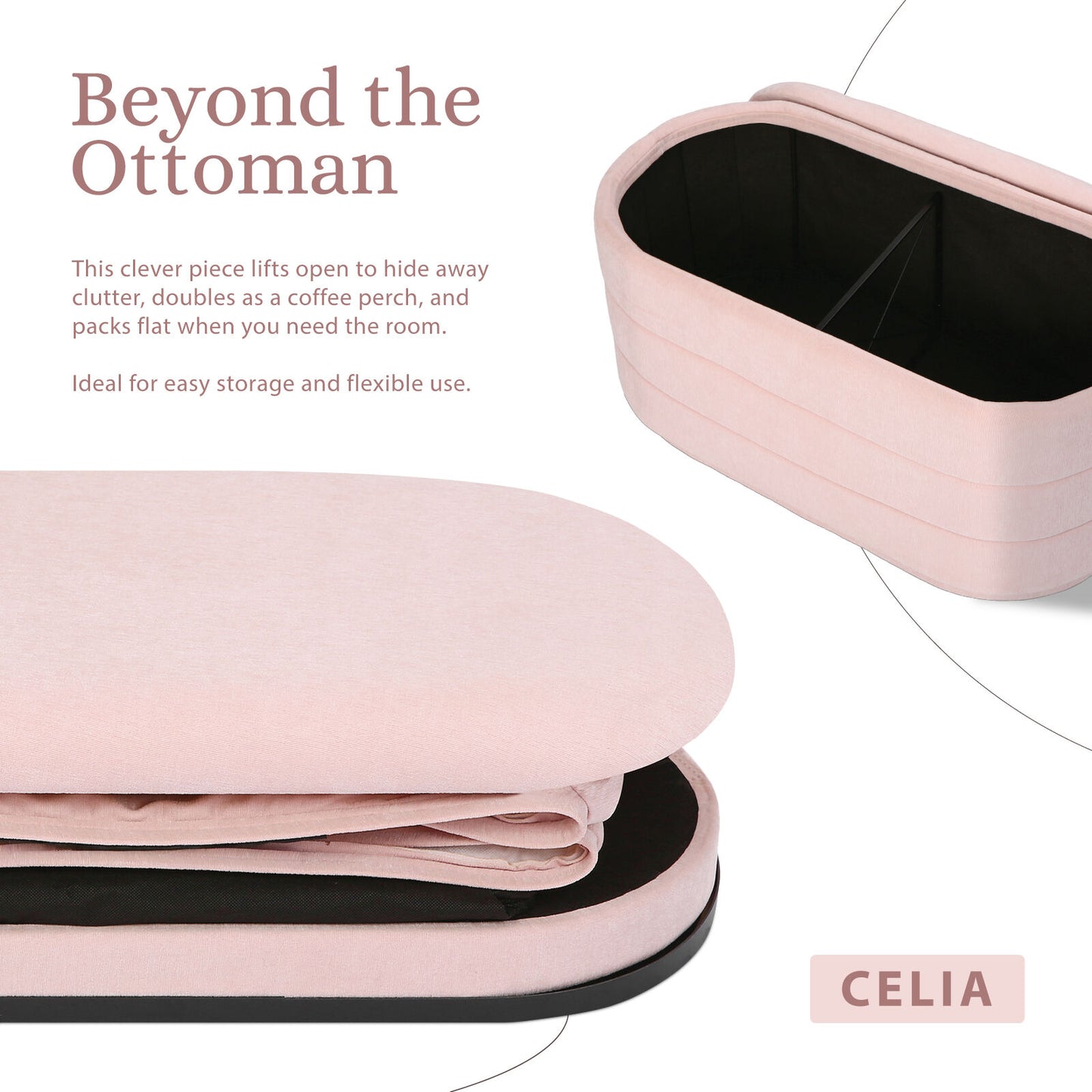 Coffee Table Storage Ottoman - Chenille Fabic Padded Blanket Box Bench CELIA - PINK - Image 3
