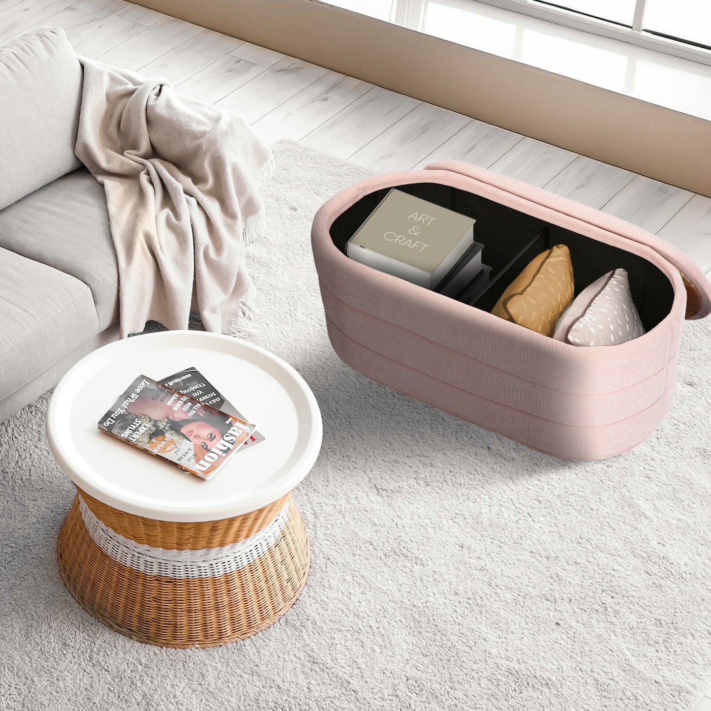 Coffee Table Storage Ottoman - Chenille Fabic Padded Blanket Box Bench CELIA - PINK - Image 4