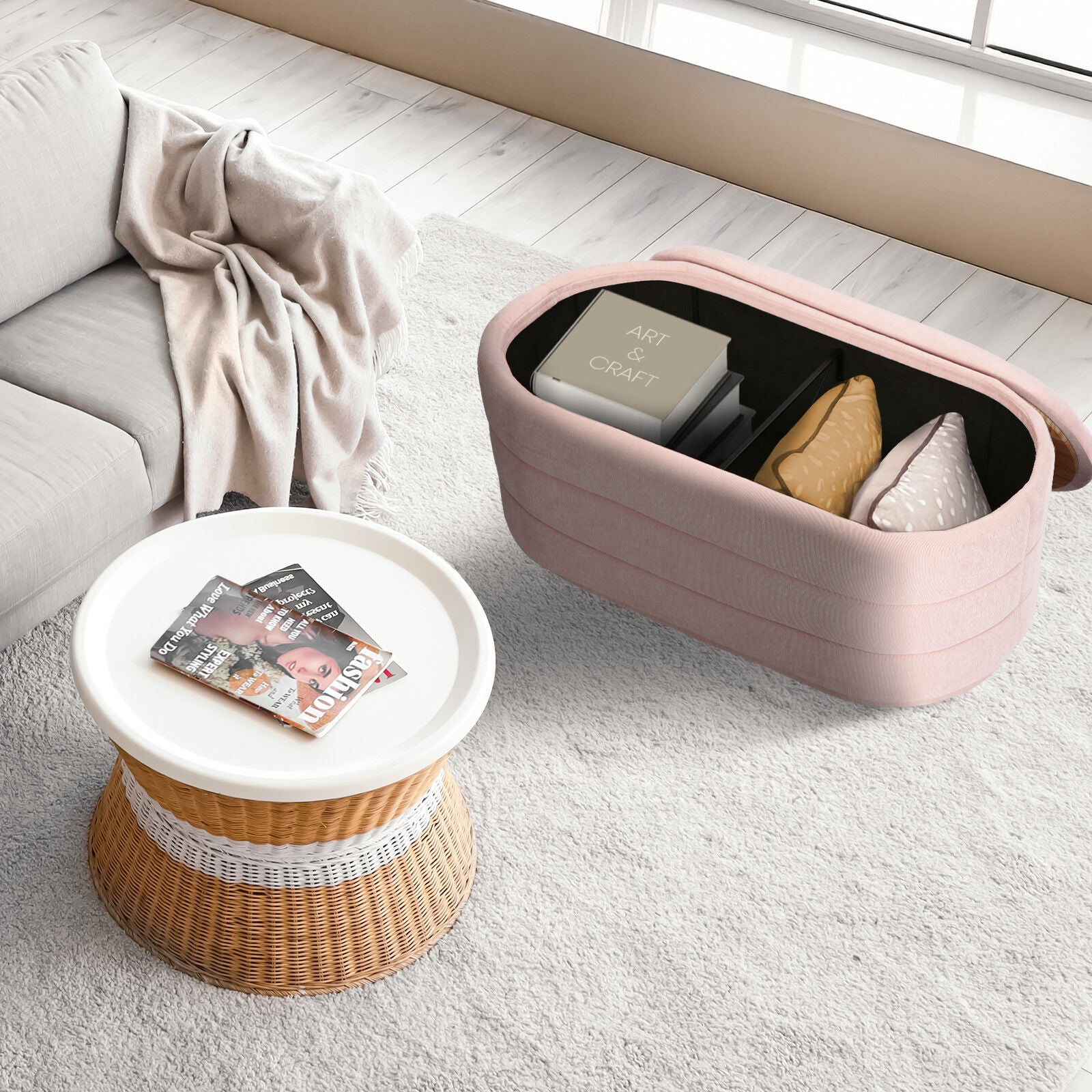 Coffee Table Storage Ottoman - Chenille Fabic Padded Blanket Box Bench CELIA - PINK - Image 4