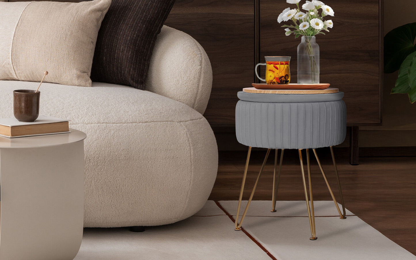 Side Table Storage Ottoman - Velvet Padded Stool Vanity Footstool REMY GREY - Image 2