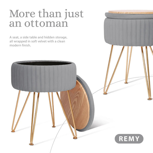 Side Table Storage Ottoman - Velvet Padded Stool Vanity Footstool REMY GREY - Image 3