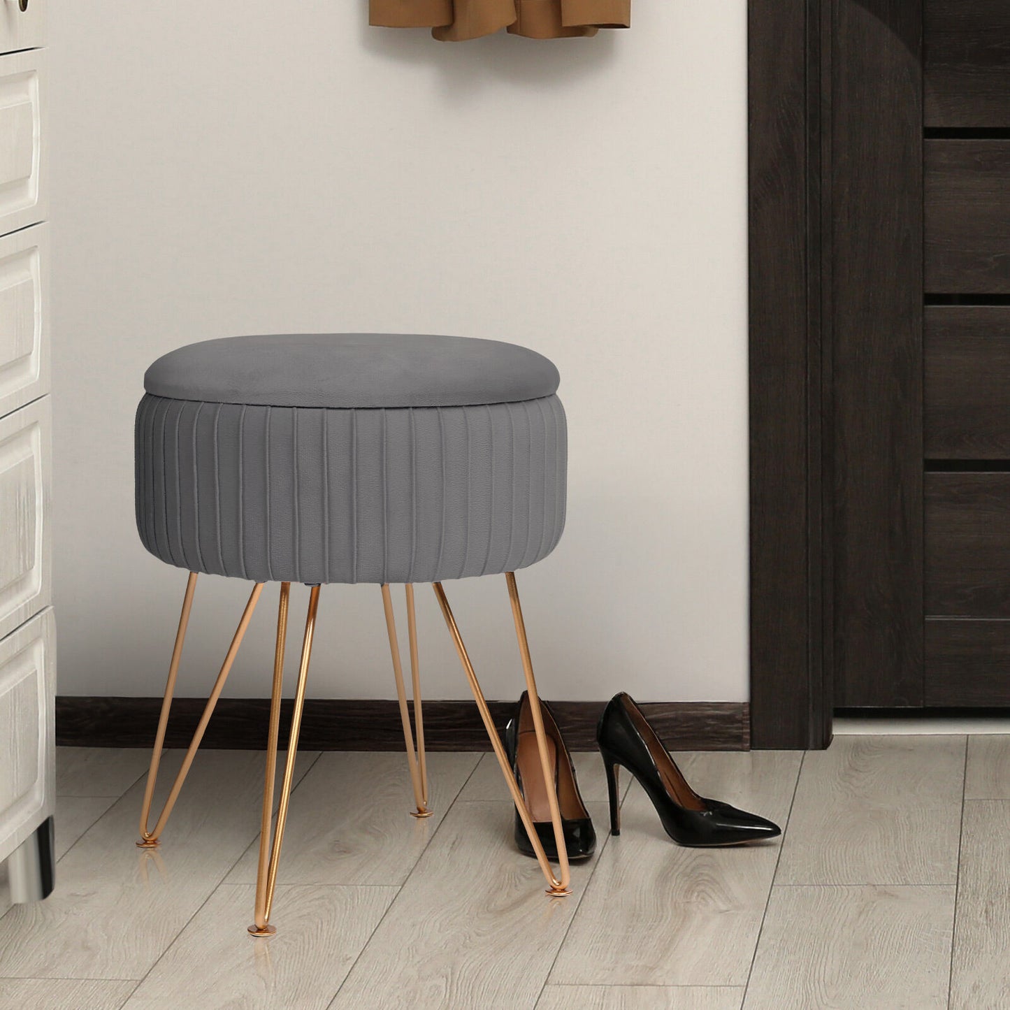 Side Table Storage Ottoman - Velvet Padded Stool Vanity Footstool REMY GREY - Image 4