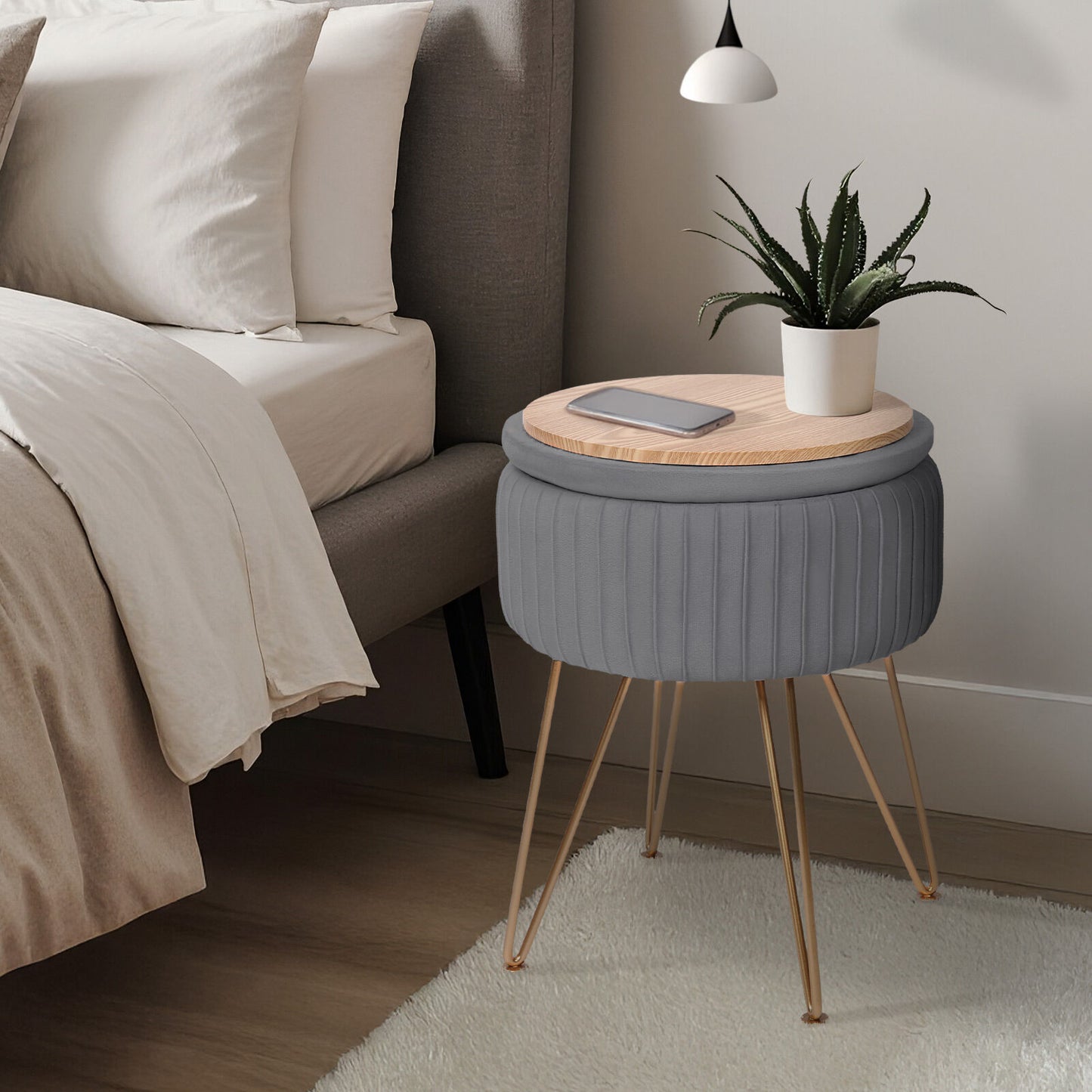 Side Table Storage Ottoman - Velvet Padded Stool Vanity Footstool REMY GREY - Image 5