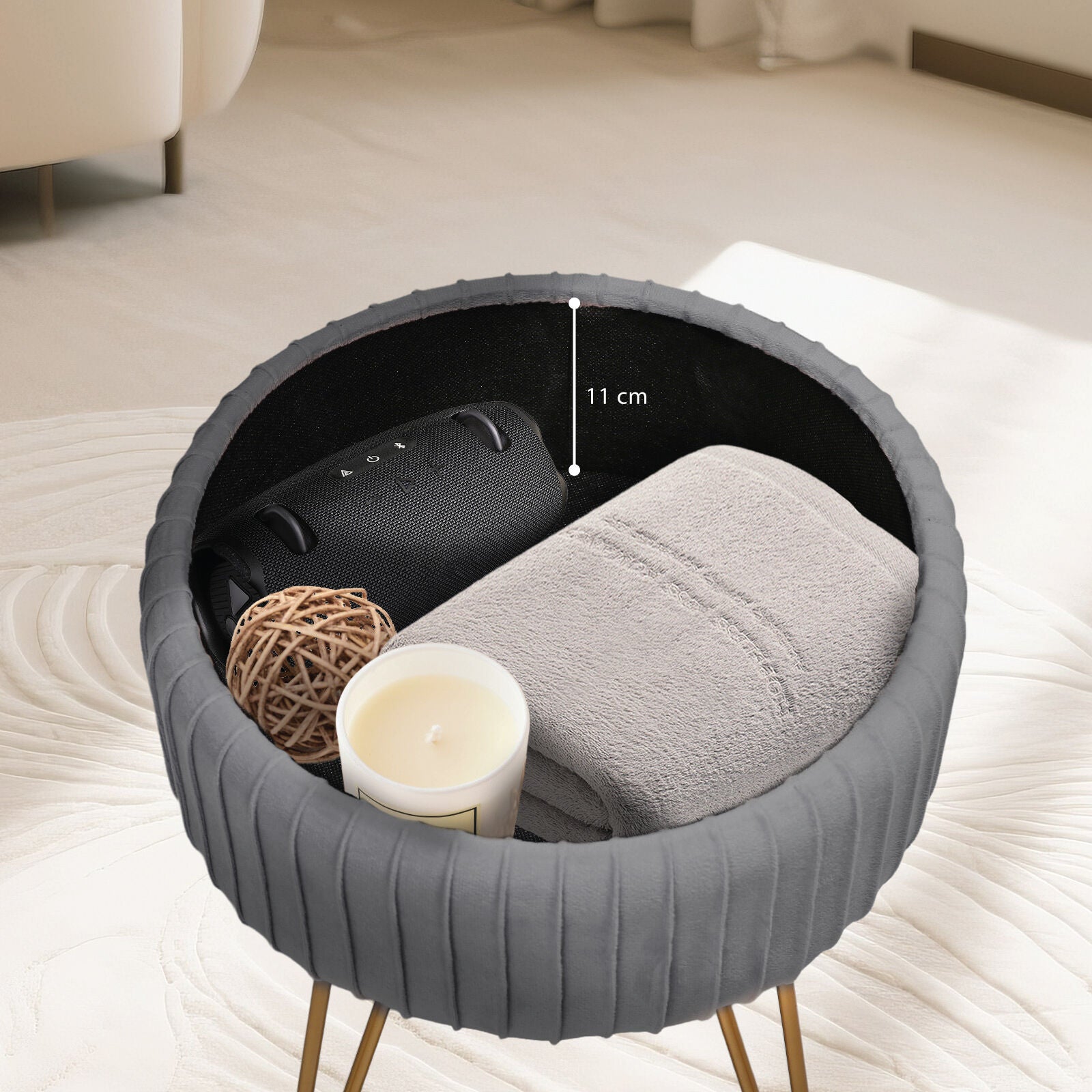 Side Table Storage Ottoman - Velvet Padded Stool Vanity Footstool REMY GREY - Image 6