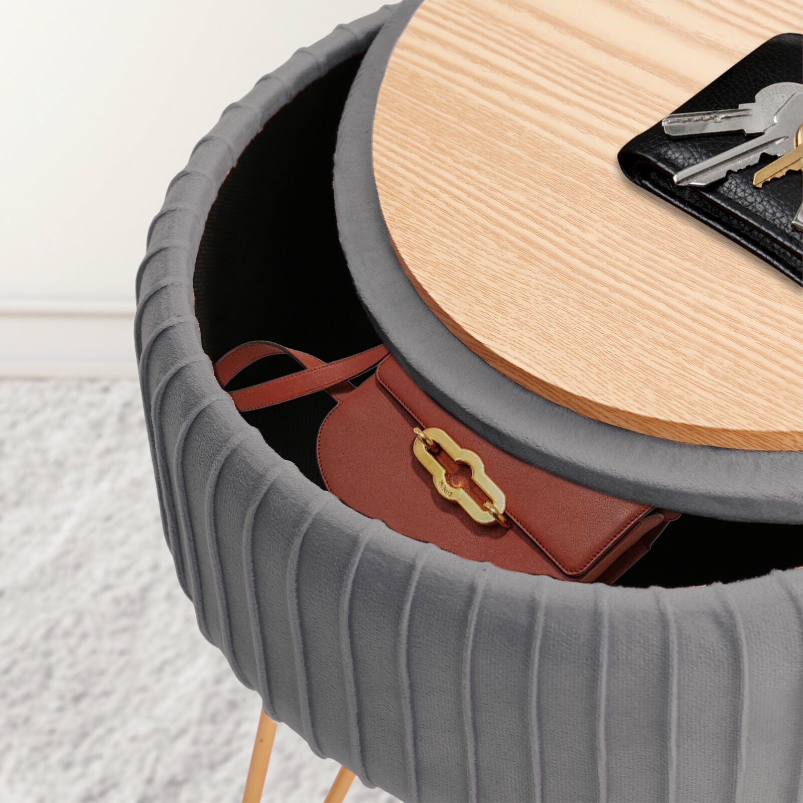 Side Table Storage Ottoman - Velvet Padded Stool Vanity Footstool REMY GREY - Image 8