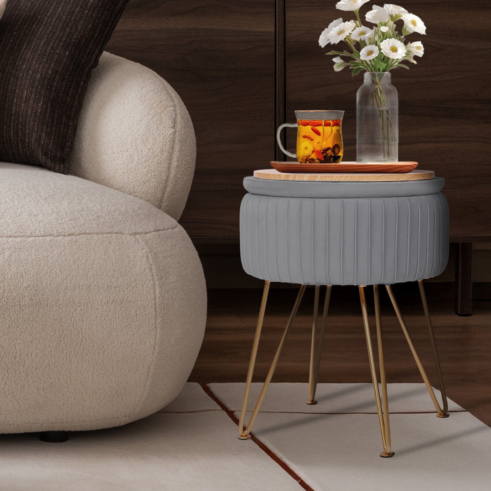 Side Table Storage Ottoman - Velvet Padded Stool Vanity Footstool REMY GREY - Image 9