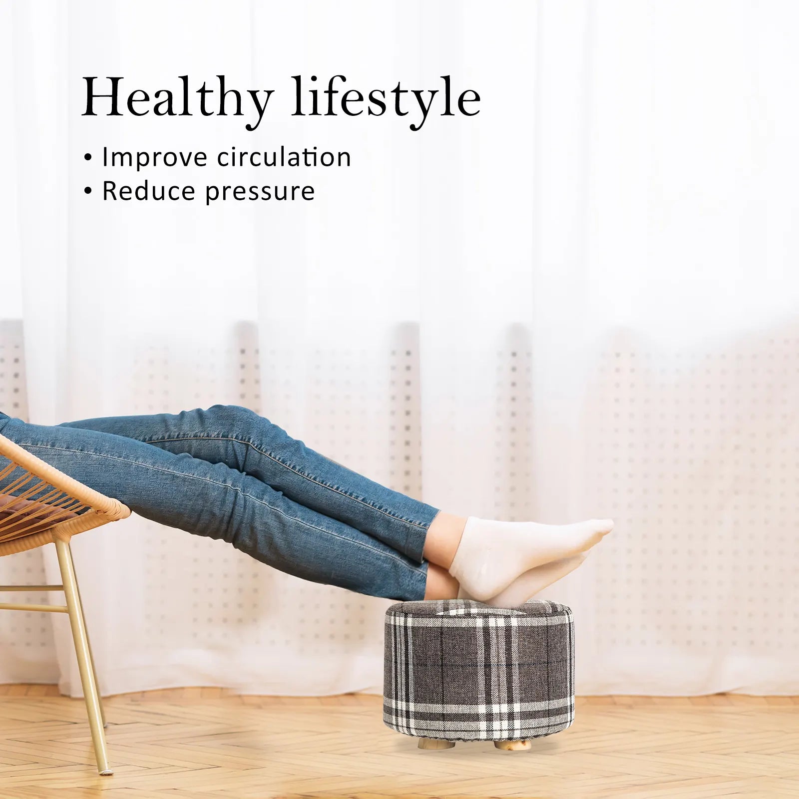 2X Fabric Ottoman Round Wooden Leg Foot Stool - LATTICE - Image 3
