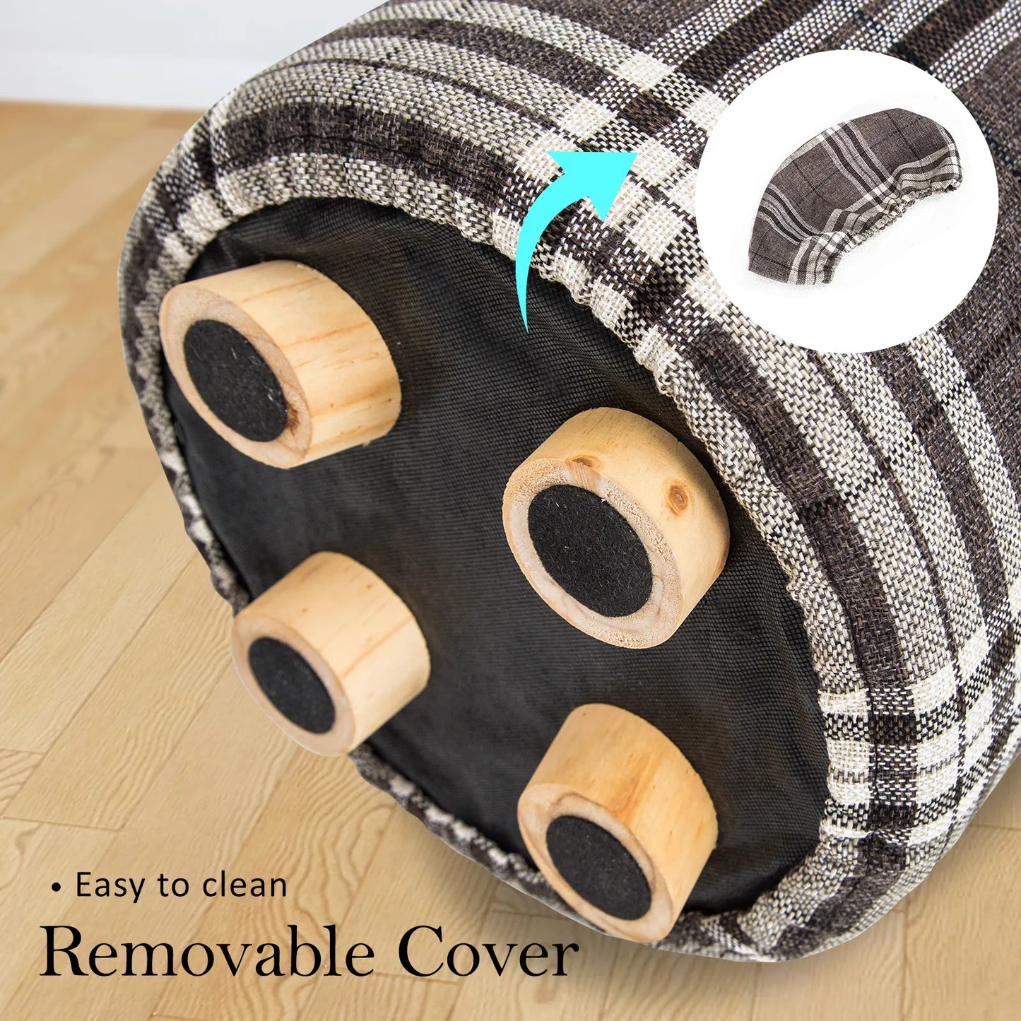 2X Fabric Ottoman Round Wooden Leg Foot Stool - LATTICE - Image 6