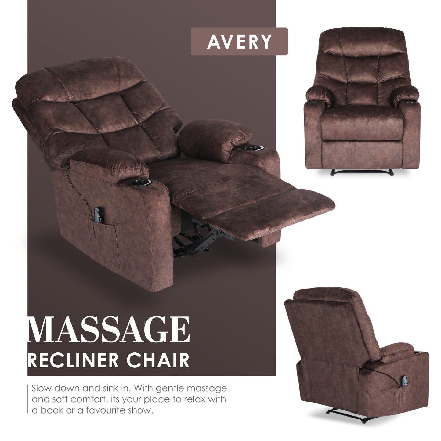 8-Point Electric Massage Recliner Chair - Leathaire Lounge Sofa Armchair AVERY BROWN - Image 4