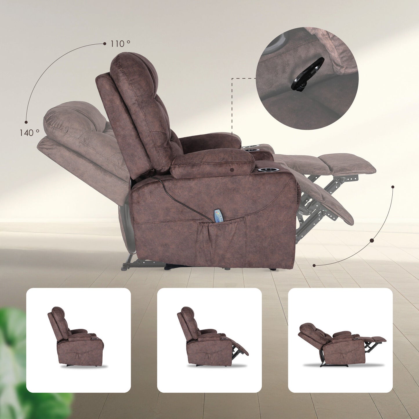 8-Point Electric Massage Recliner Chair - Leathaire Lounge Sofa Armchair AVERY BROWN - Image 8