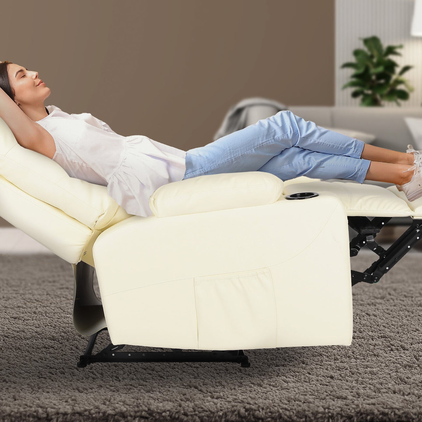 8-Point Electric Massage Recliner Chair - PU Leather Lounge Sofa Armchair ARLEEN BEIGE - Image 3
