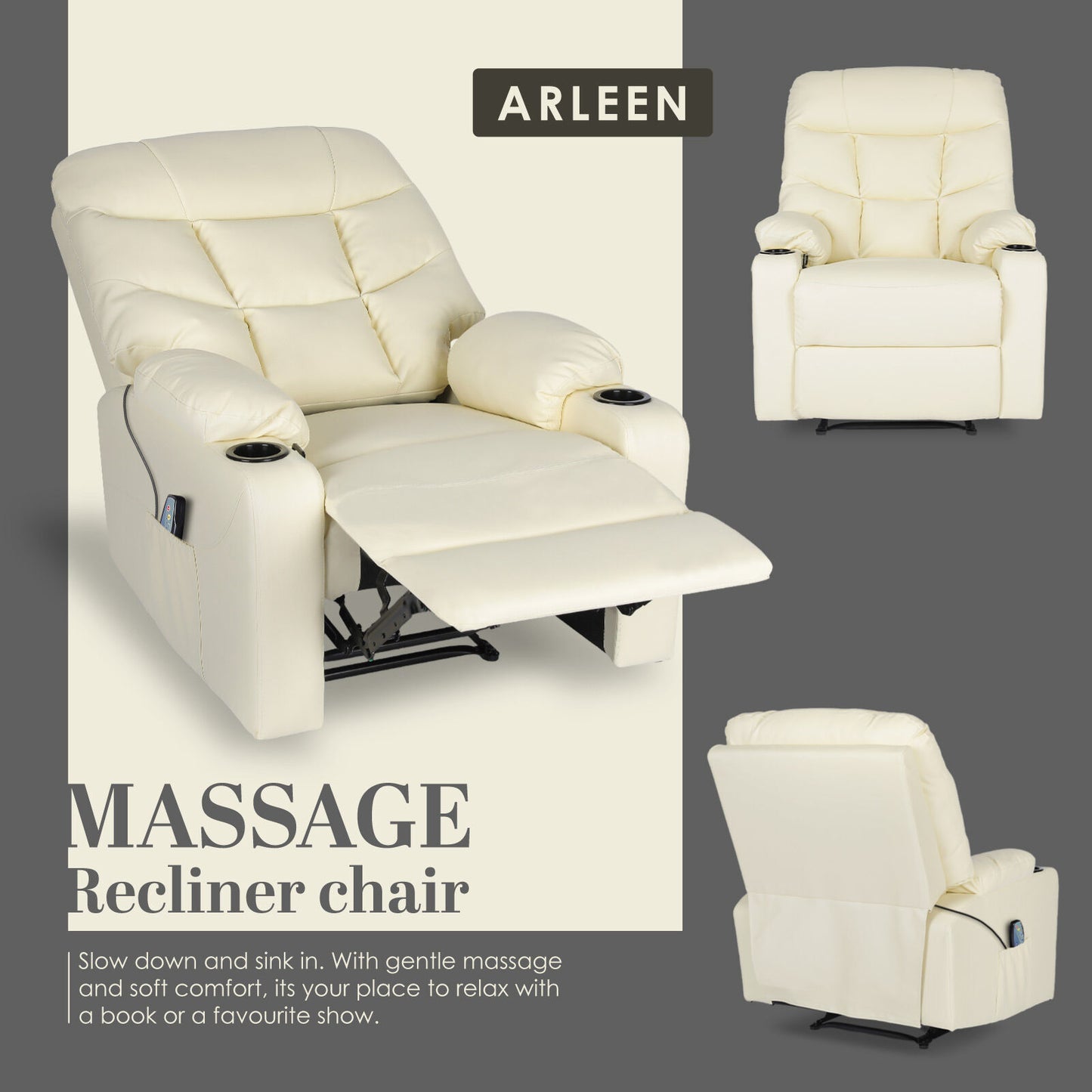 8-Point Electric Massage Recliner Chair - PU Leather Lounge Sofa Armchair ARLEEN BEIGE - Image 4