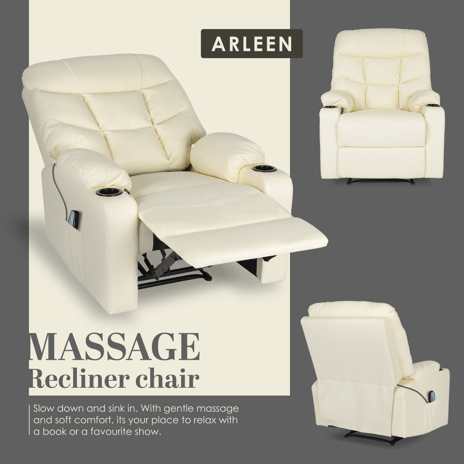 8-Point Electric Massage Recliner Chair - PU Leather Lounge Sofa Armchair ARLEEN BEIGE - Image 4