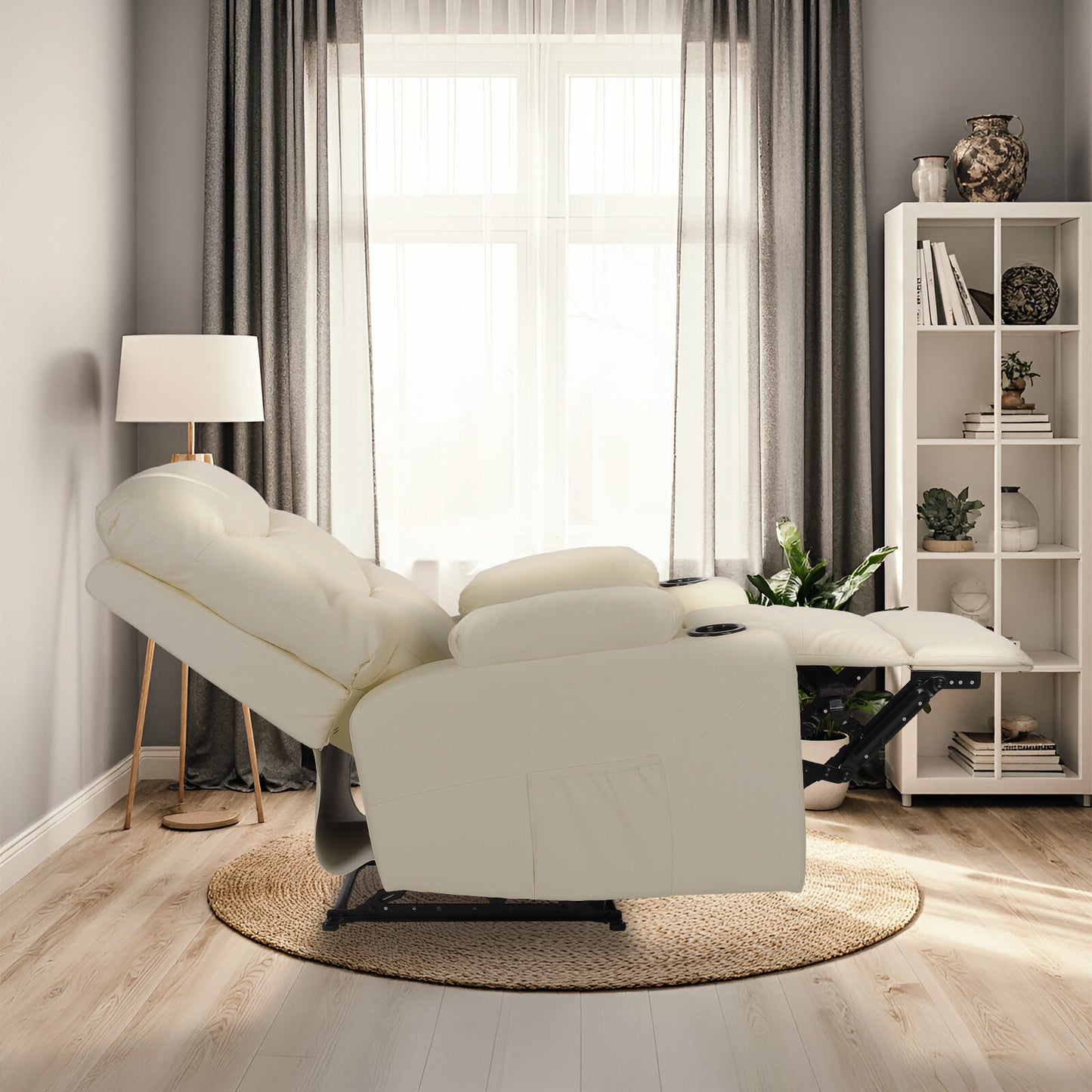 8-Point Electric Massage Recliner Chair - PU Leather Lounge Sofa Armchair ARLEEN BEIGE - Image 6