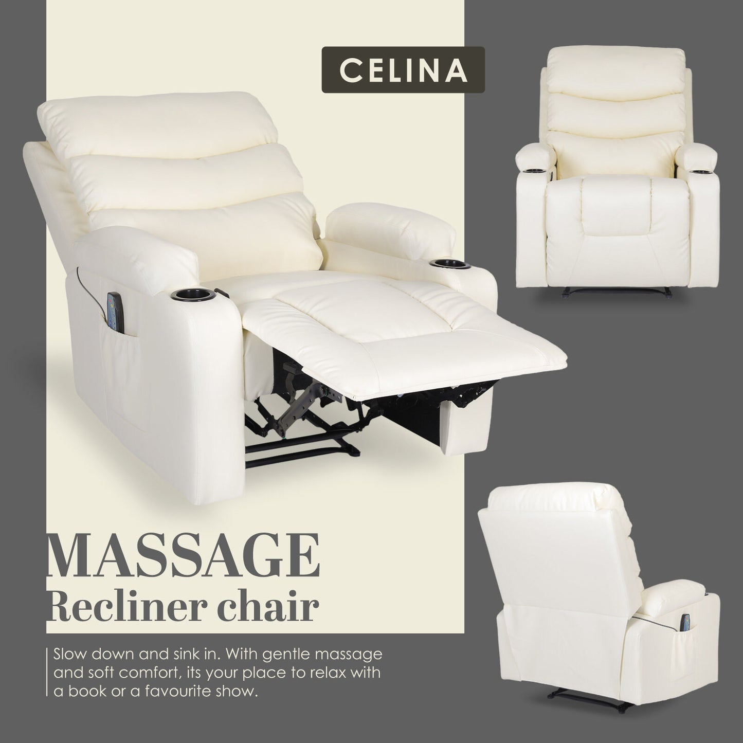 8-Point Electric Massage Recliner Chair - PU Leather Lounge Sofa Armchair CELINA CREAM - Image 4